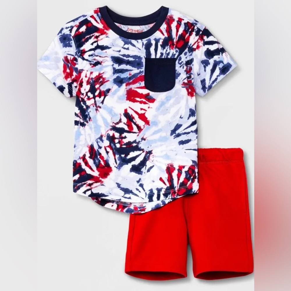 Cat & Jack Patriotic Tie Dye Pocket Tee and Red Shorts Set size 2T